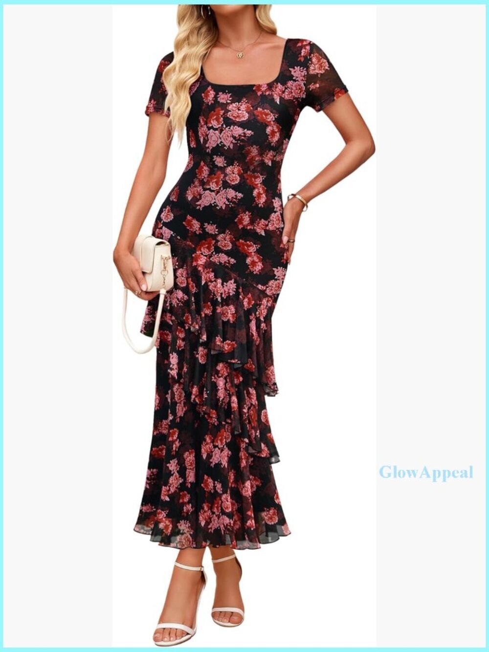 Summer Floral Maxi Dress Square Neck Mesh Ruffle Bodycon Cocktail Party